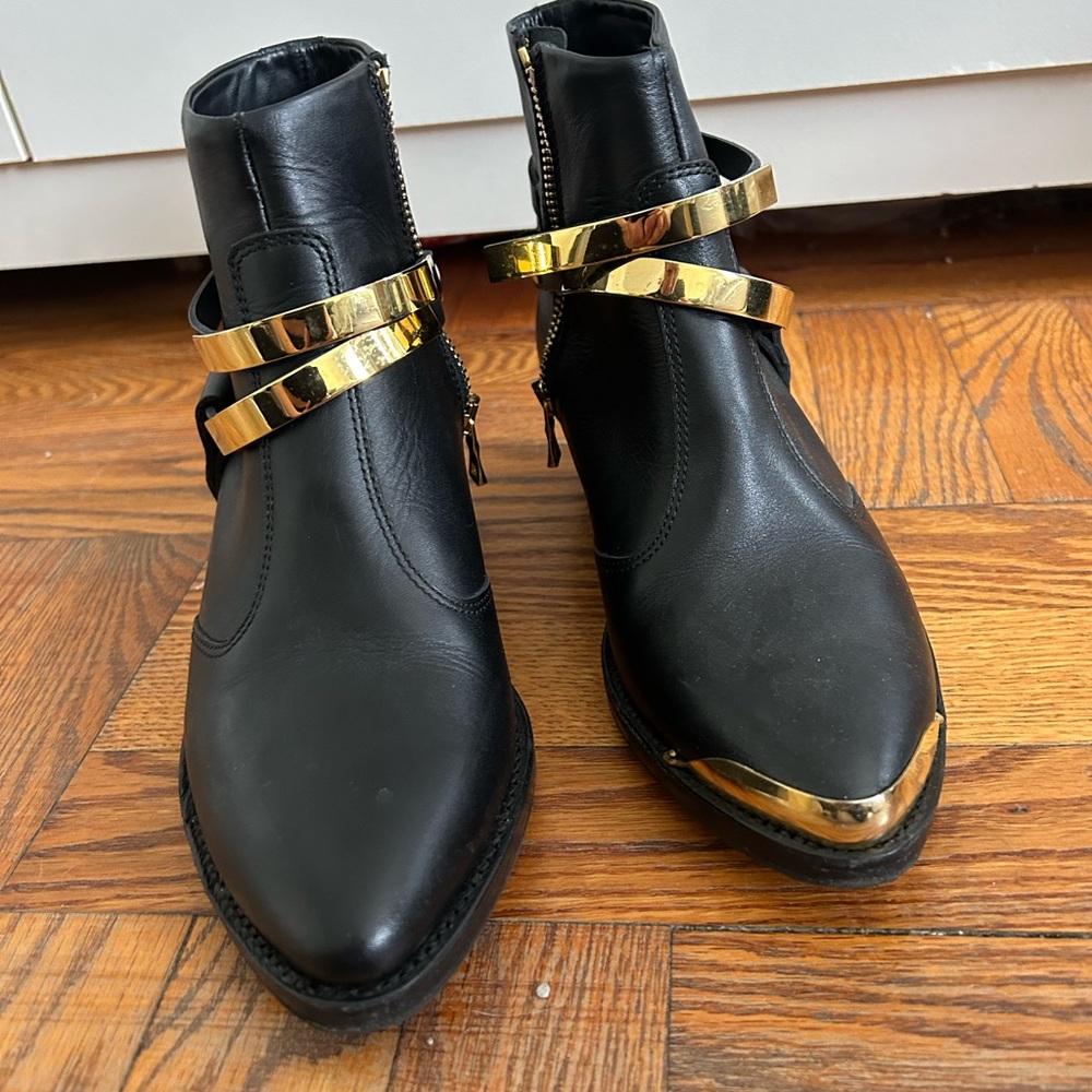 Balmain Black and Gold Ankle Booties with Metallic Accents